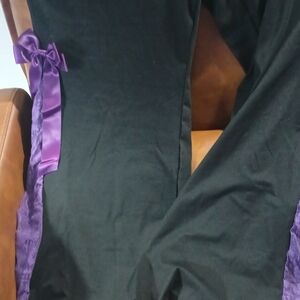 Women's Black and Purple Satin-Trim Pants